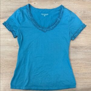 Ann Taylor Turquoise Ruffle V-Neck Short Sleeve Tee